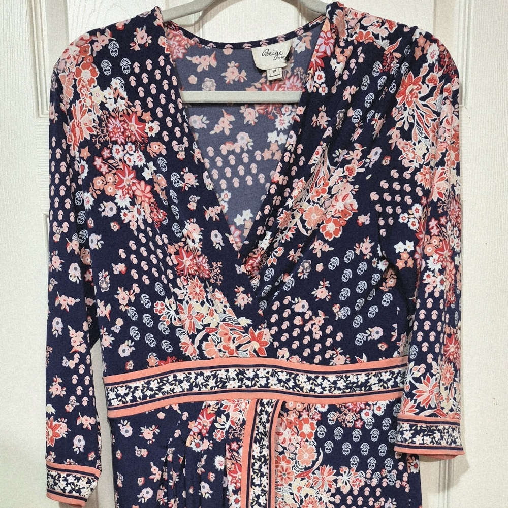 ECI Navy and Pink Floral Long Sleeve Dress